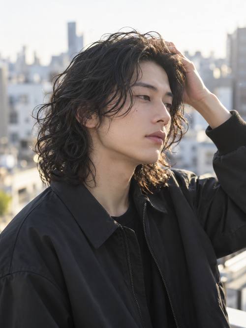 メンズ くせ毛風パーマのメンズロングのヘアスタイルイメージ