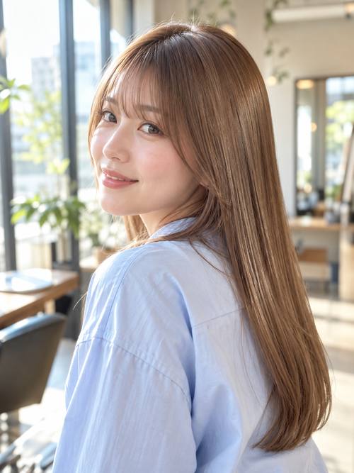 前髪ありのツヤストレートロングのヘアスタイルイメージ