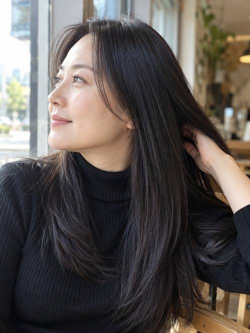黒髪のツヤストレートロングのヘアスタイルイメージ