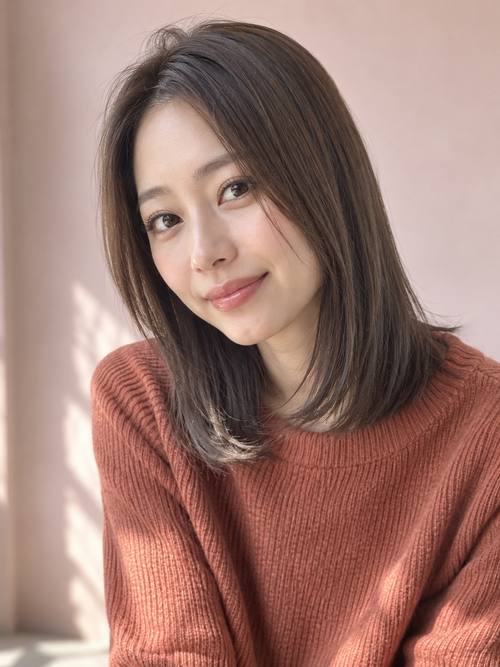 暗めグレージュのストレートミディアムのヘアスタイルイメージ