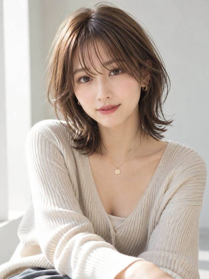 シースルーバングのレイヤーミディアムのヘアスタイルイメージ