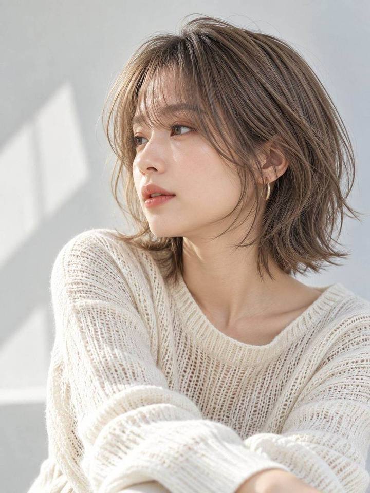 外ハネのベージュミディアムのヘアスタイルイメージ