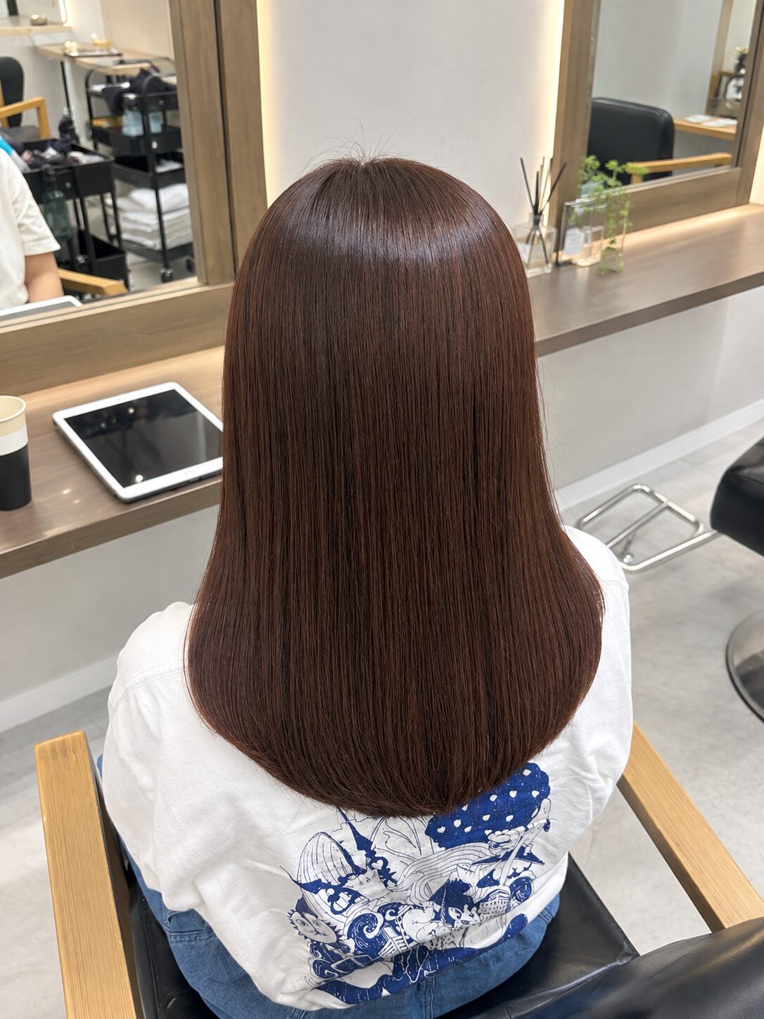 イルミナカラーで染めた赤みブラウンのミディアムヘアの後ろ姿(Hair & Make anyhow)